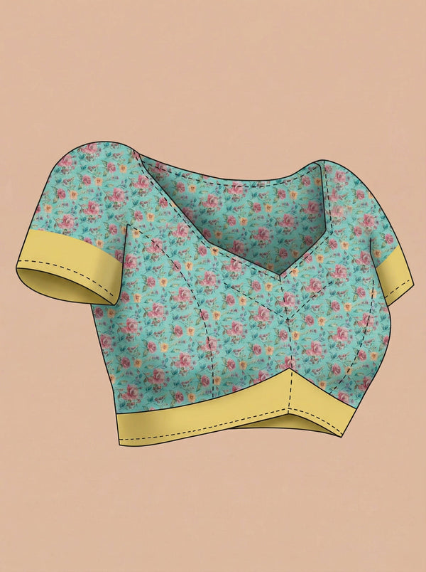 Linen Mint Green Floral Print Saree