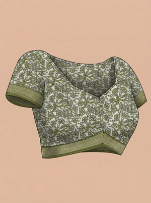 Chanderi Cotton Olive Green And Beige Printed Saree
