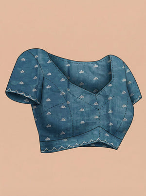 Organza Teal Blue Floral Butti Designer Saree with Scalloped Embroidered Border