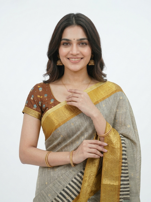 Chanderi Cotton Beige Striped Saree with Zari Border