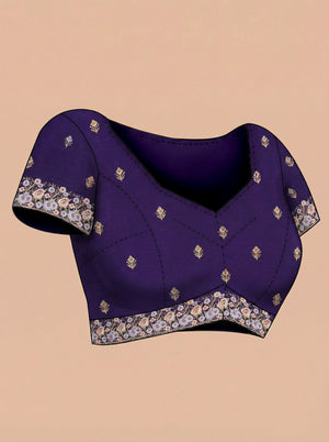 Organza Royal Purple Floral Embroidered Designer Saree