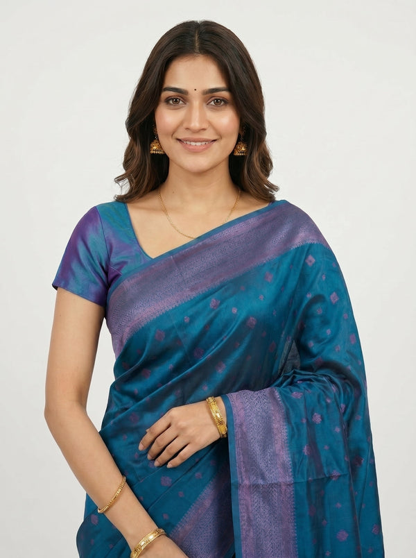 Semi Silk Peacock Blue Small Butti Saree