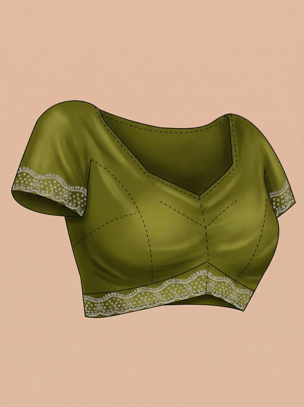Organza Olive Green Small Stone Scalloped Border Designer Saree