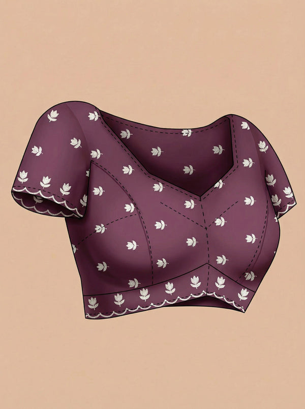 Organza Purple Floral Butti Designer Saree with Scalloped  Border