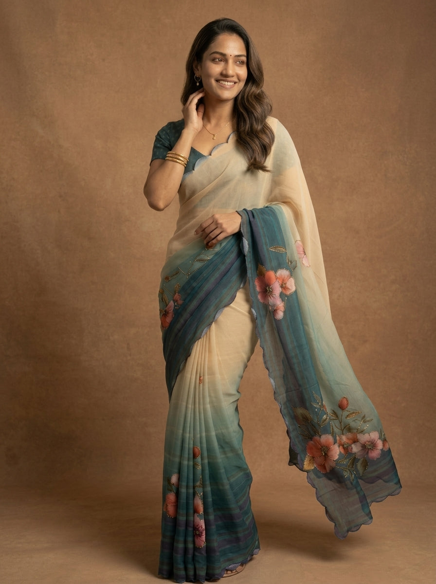 Chiffon Cream Teal Ombre Floral Printed Designer Saree