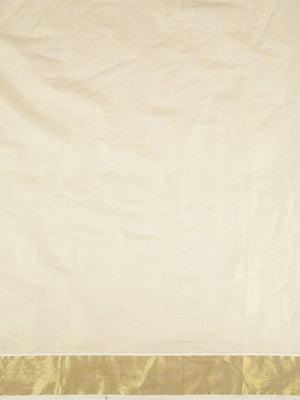 Golden Tissue Set Saree With Brown And Orange Peacock Print Near Golden Kasavu Border