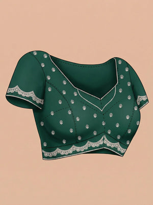 Shimmer Organza Bottle Green Polka Dot Designer Saree with Heavy Embroidered Border
