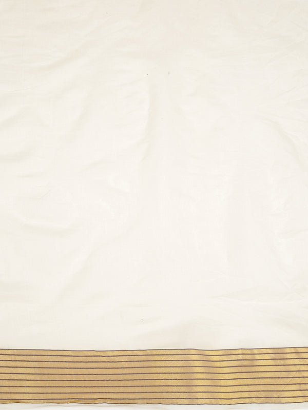 Off White Color Cotton Set Saree With Golden And Coffee Brown Thread Worked Buttas