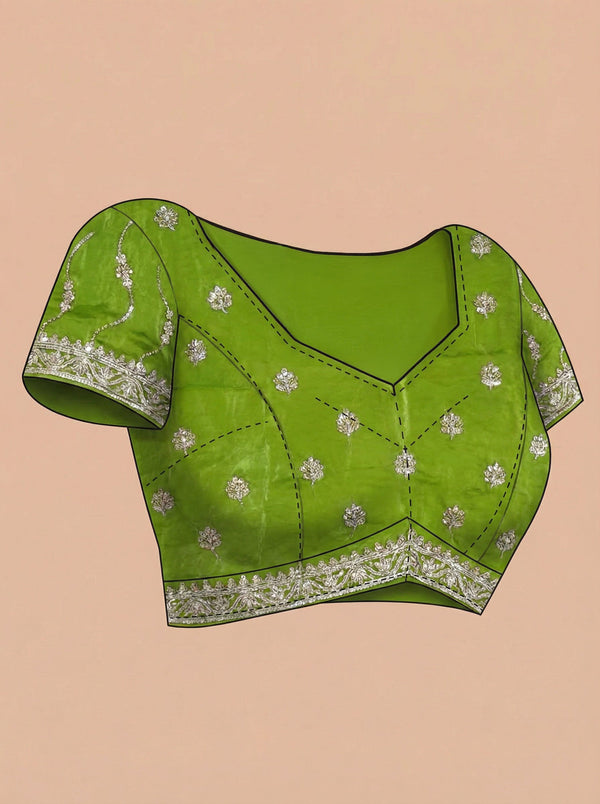 Organza Parrot Green Floral Sequence Work Designer Saree