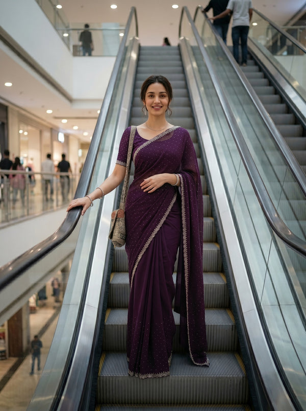 Georgette Wine Purple Stone Studded Saree with Pearl Beaded Border