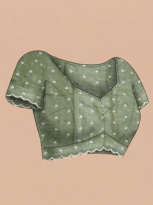 Organza Olive Green Floral Butti Designer Saree with Scalloped Embroidered Border