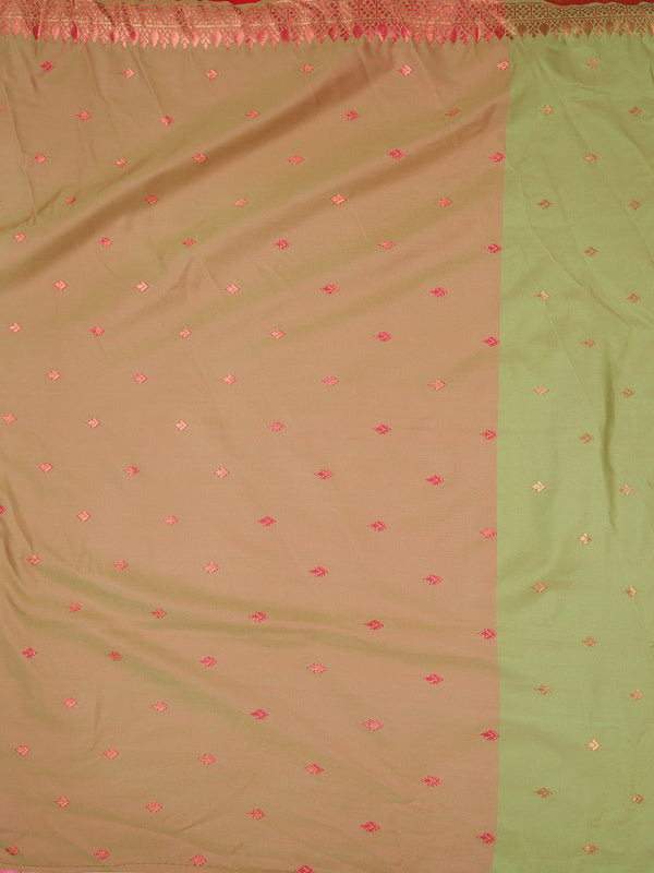 Bright Pink Waved Zari Designed Saree With Olive Green Border