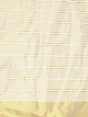Golden Tissue Set Saree With Golden Bordered Off White Vertical Stripes On Body