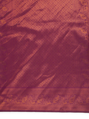 Parrot Green Art Silk Saree With Copper Thread Work Over Body And Purple Border