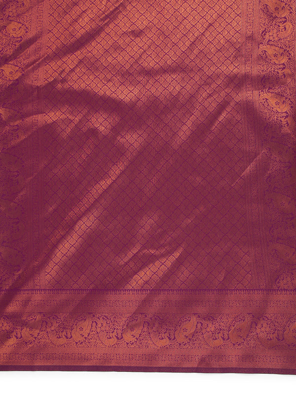 Parrot Green Art Silk Saree With Copper Thread Work Over Body And Purple Border