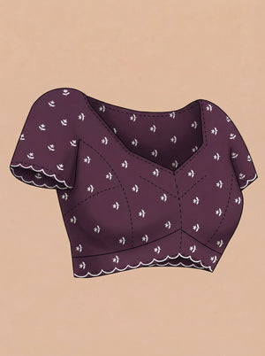 Organza Dark Purple Floral Butti Designer Saree with Scalloped  Border
