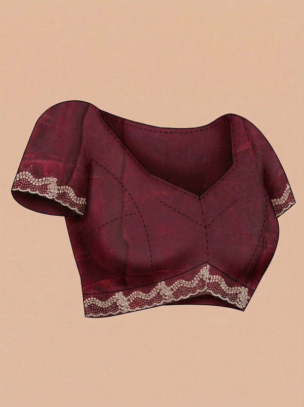 Organza Wine Red Stone Scalloped Border Designer Saree