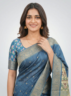 Jute Blue Kalamkari Border Saree