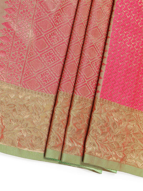 Bright Pink Waved Zari Designed Saree With Olive Green Border