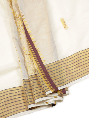 Off White Color Cotton Set Saree With Golden And Coffee Brown Thread Worked Buttas