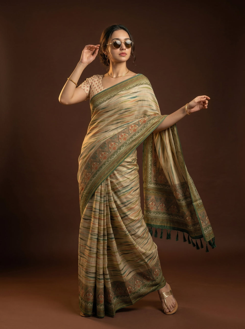 Woman wearing a traditional saree with a brown background