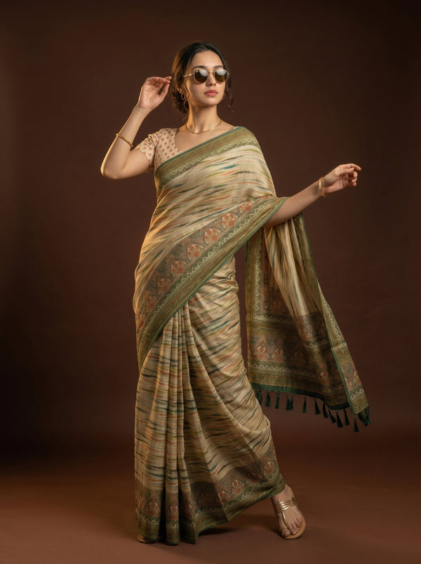 Woman wearing a traditional saree with a brown background