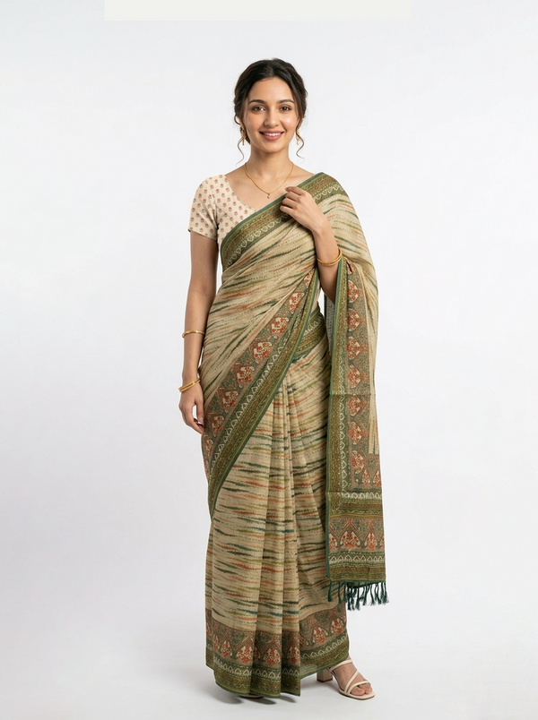Semi Cotton Beige Multicolor Stripe Border Saree
