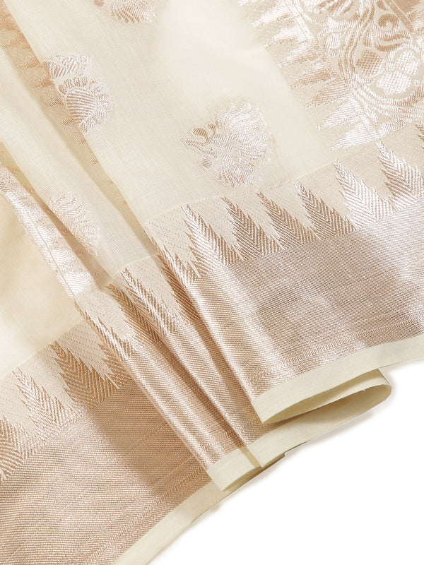 Off White Color Cotton Set Saree With Rose Gold Lotus Floral Buttas And Temple Border
