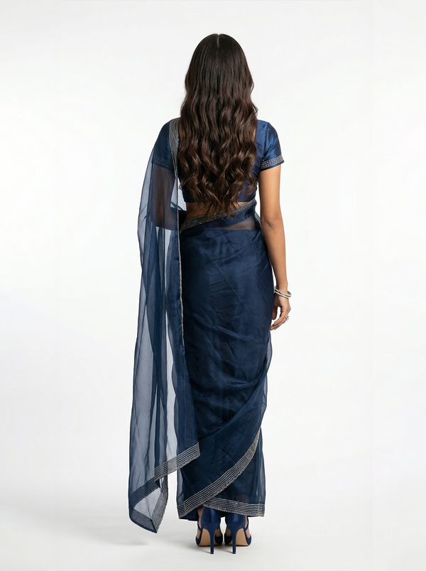 Organza Navy Blue Minimal Small Stone Work  Border Designer Saree