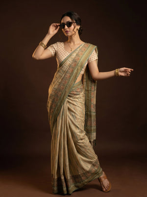 Semi Cotton Beige Multicolor Stripe Border Saree