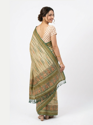 Semi Cotton Beige Multicolor Stripe Border Saree