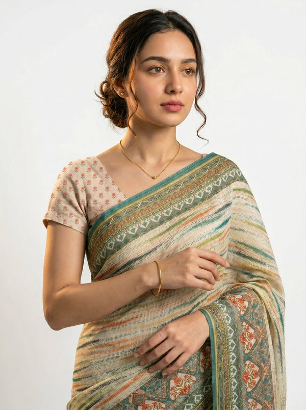 Semi Cotton Beige Multicolor Stripe Border Saree