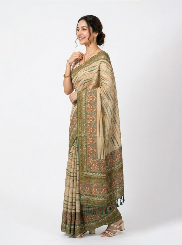 Semi Cotton Beige Multicolor Stripe Border Saree
