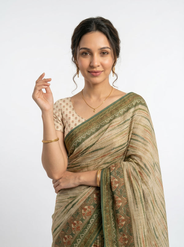 Semi Cotton Beige Multicolor Stripe Border Saree