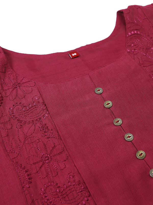 Wine Pink Color Patch Worked Embroidery Designed Cotton Blended Kurti Top