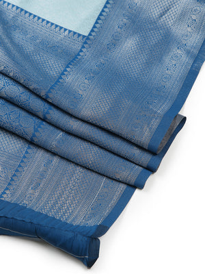 Pale Blue Color Silver Woven Designed Art Silk Saree With Peacock Blue Border