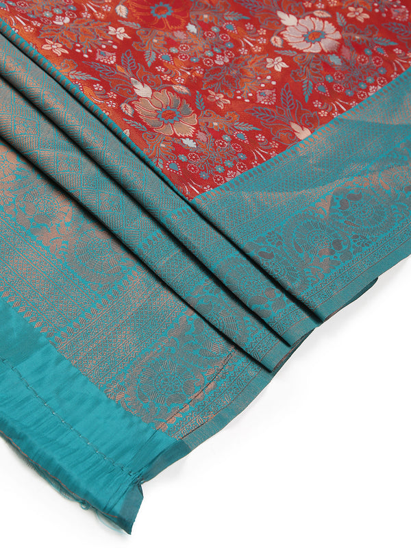 Maroon With Copper Tissue Saree With Floral Design And Peacock Green Border
