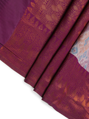 Light Lavender Art Silk Saree With Ikat Design Over Body And Purple Border