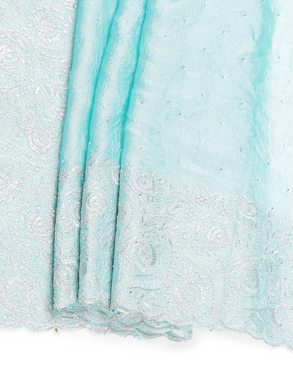 Teal Green Crushed Chiffon Saree With Mini Silver Stones On Body