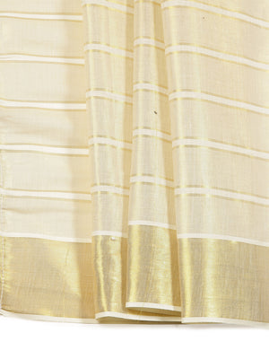 Golden Tissue Set Saree With Golden Bordered Off White Vertical Stripes On Body