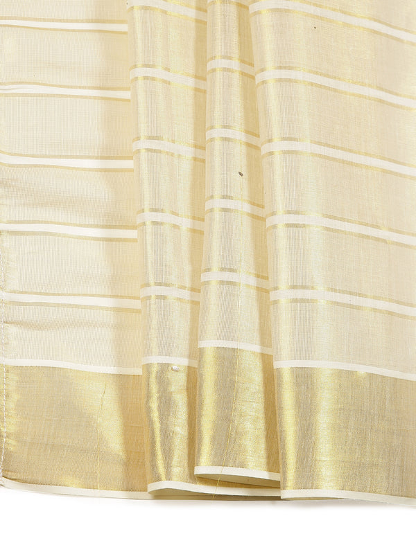 Golden Tissue Set Saree With Golden Bordered Off White Vertical Stripes On Body