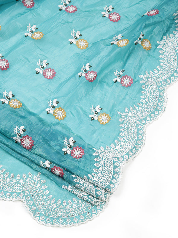 Sea Green Organza Saree With Multi Floral Thread Work Over Body