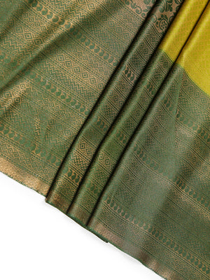 Yellow Green Color Golden Woven Designed Kubera Silk Saree With Bottle Green Border