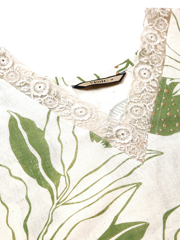 Off White Color Botanical Printed Kurti Top