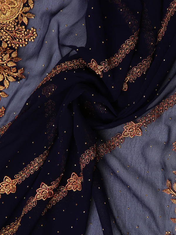 Navy Blue Color Georgette Saree With  Golden Embroidery Stripes & Mini stone Work On Body