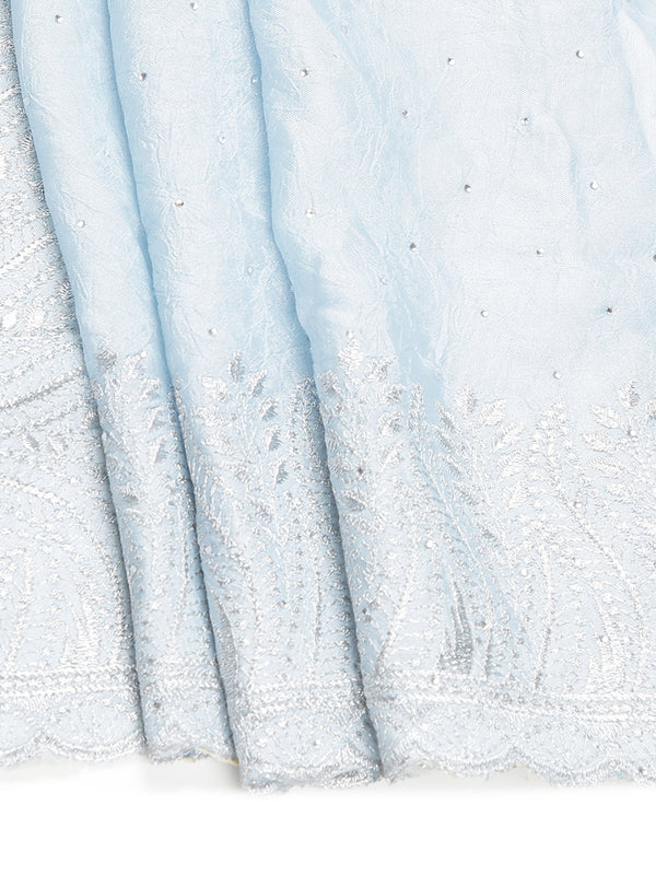 Ice Blue Color Crushed Chiffon Saree With Mini Silver Stones Over Body
