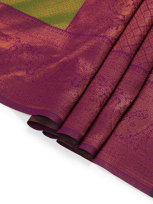 Parrot Green Art Silk Saree With Copper Thread Work Over Body And Purple Border