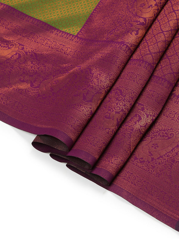 Parrot Green Art Silk Saree With Copper Thread Work Over Body And Purple Border