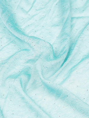 Teal Green Crushed Chiffon Saree With Mini Silver Stones On Body
