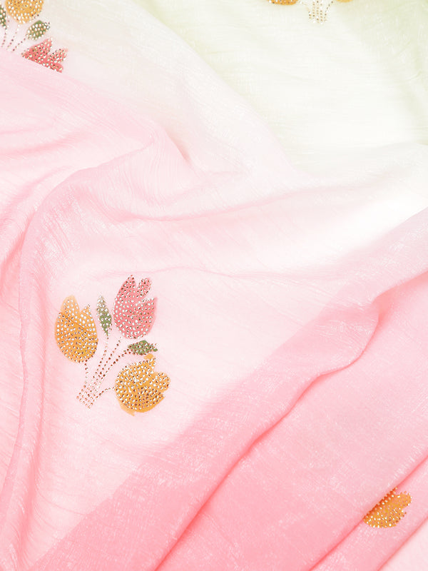 Peach And Pista Green Double Shade Floral Painted With Metalic Glue Designed Georgette Saree